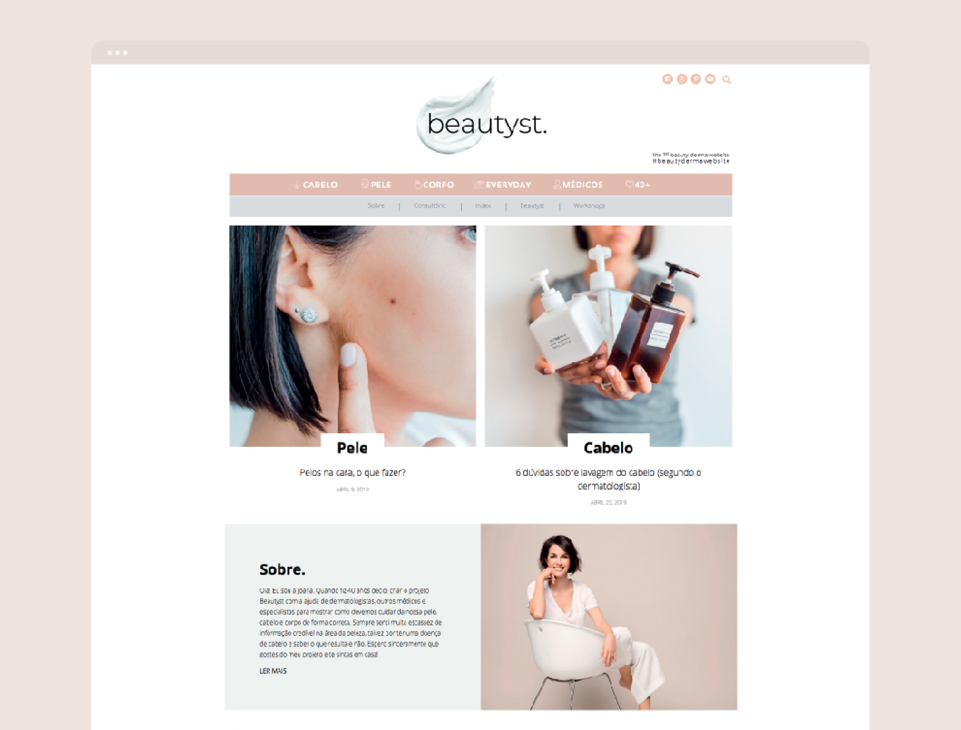 Website Beautyst — homepage com navegação por categorias de pele, cabelo e corpo